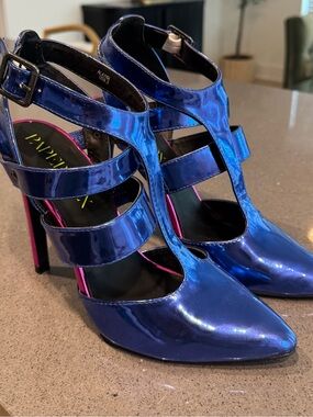 Paper Fox “ALAYNA” Shiny Electric Blue Multi-Strap Stiletto Pumps